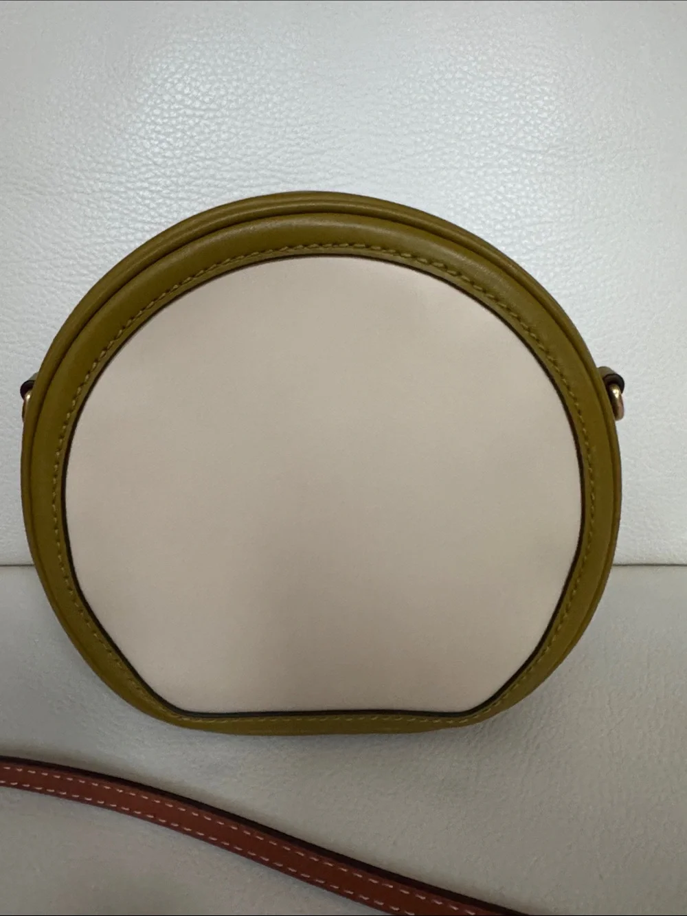Tory Burch Olive Trim Cream Round Leather Crossbody bag